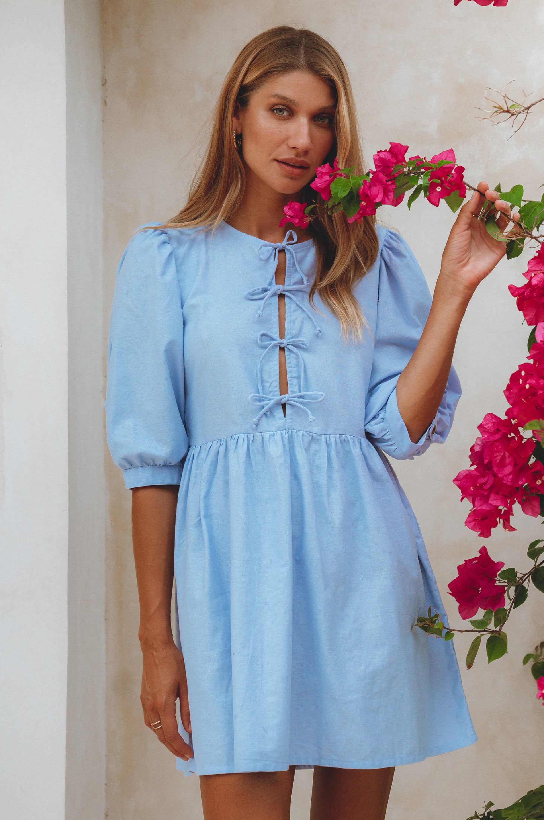 Beatrice Puff Sleeve Linen Mini Dress - Crystal Blue