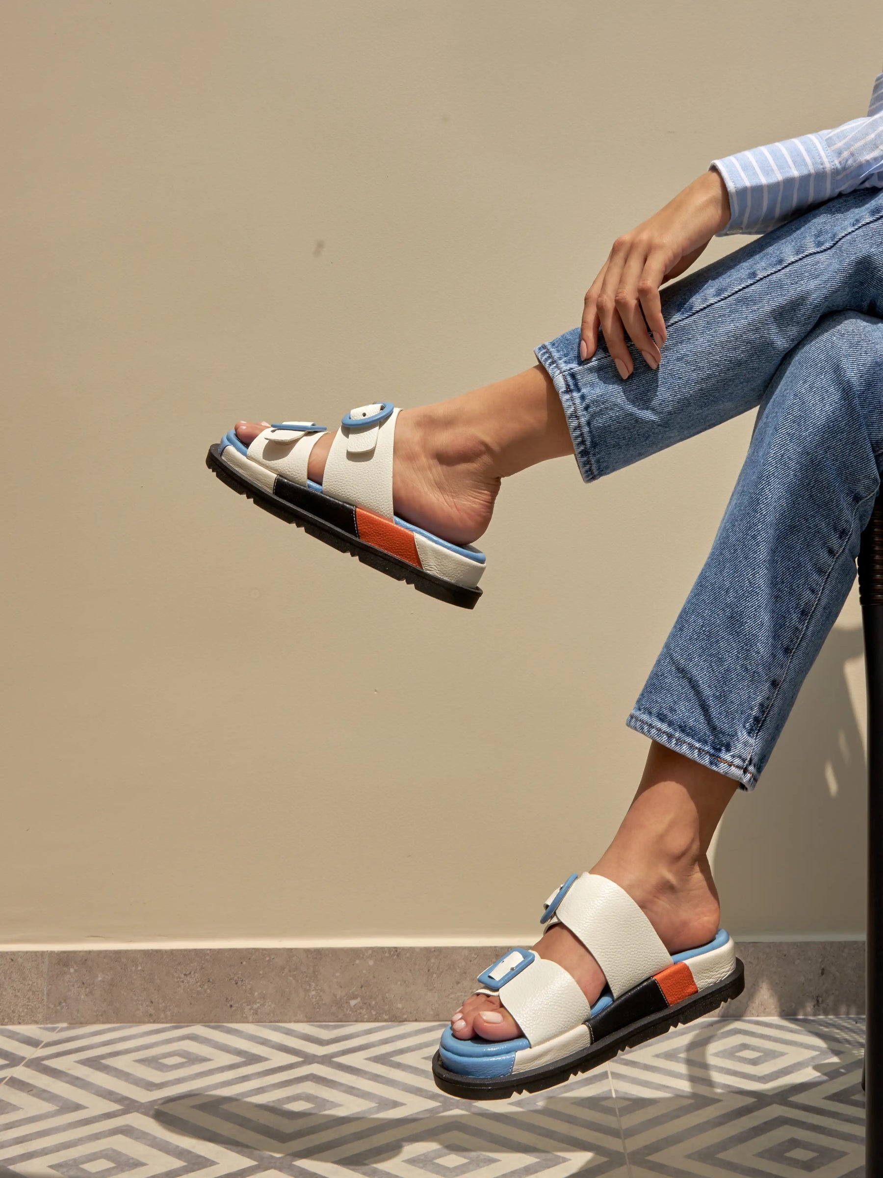 Allegra Offwhite Contrast Buckle Sandals
