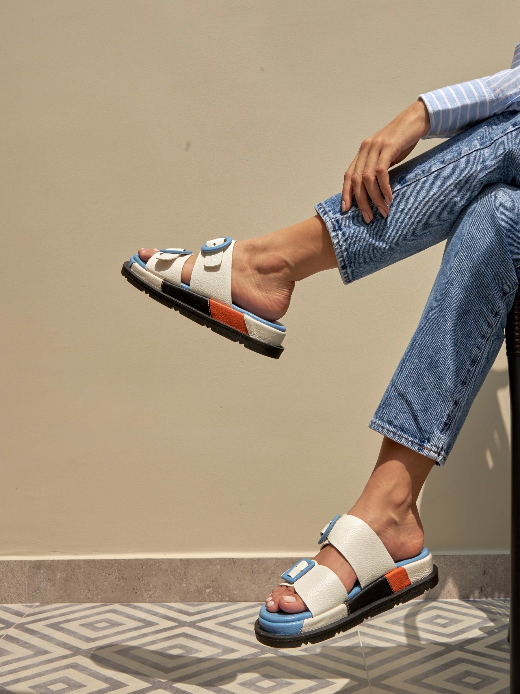 Allegra Offwhite Contrast Buckle Sandals
