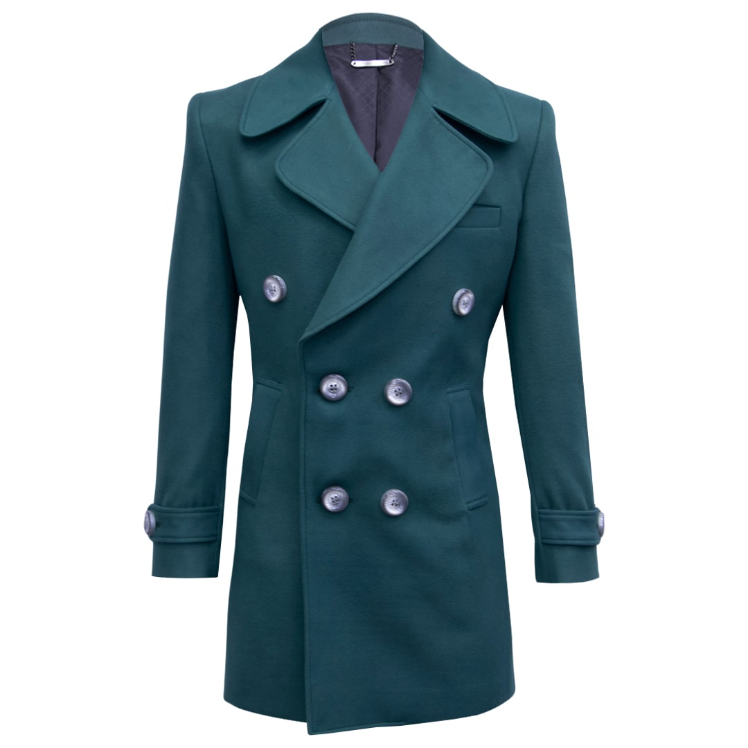 Green double-breasted coat.