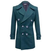 Green double-breasted coat.