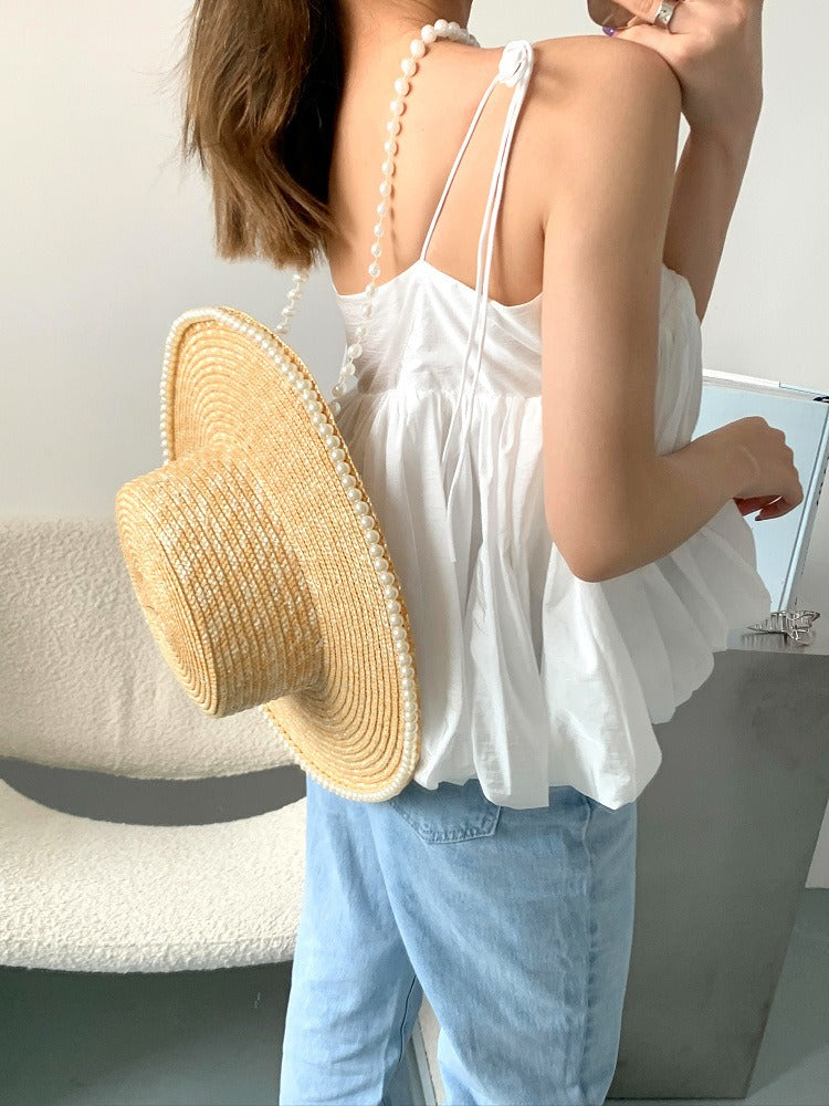 Flat top straw straw hat beach vacation sunshade pearl chain design straw hat for women