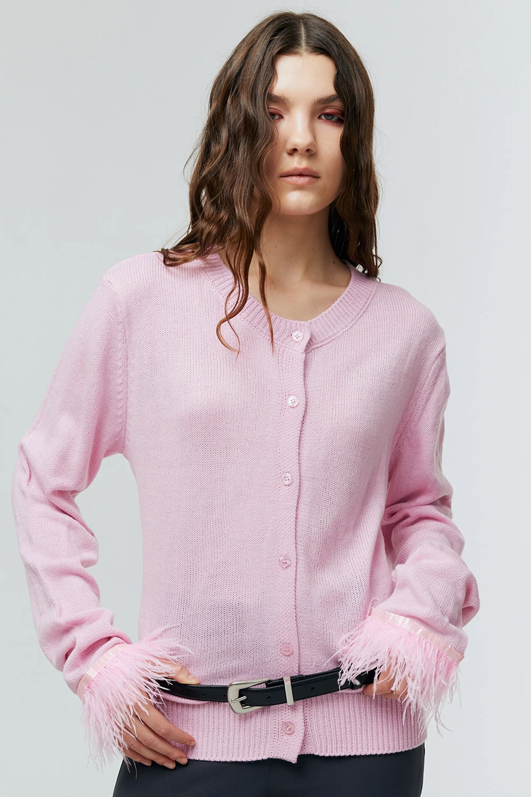NEMI FEATHER TRIM KNIT CARDIGAN