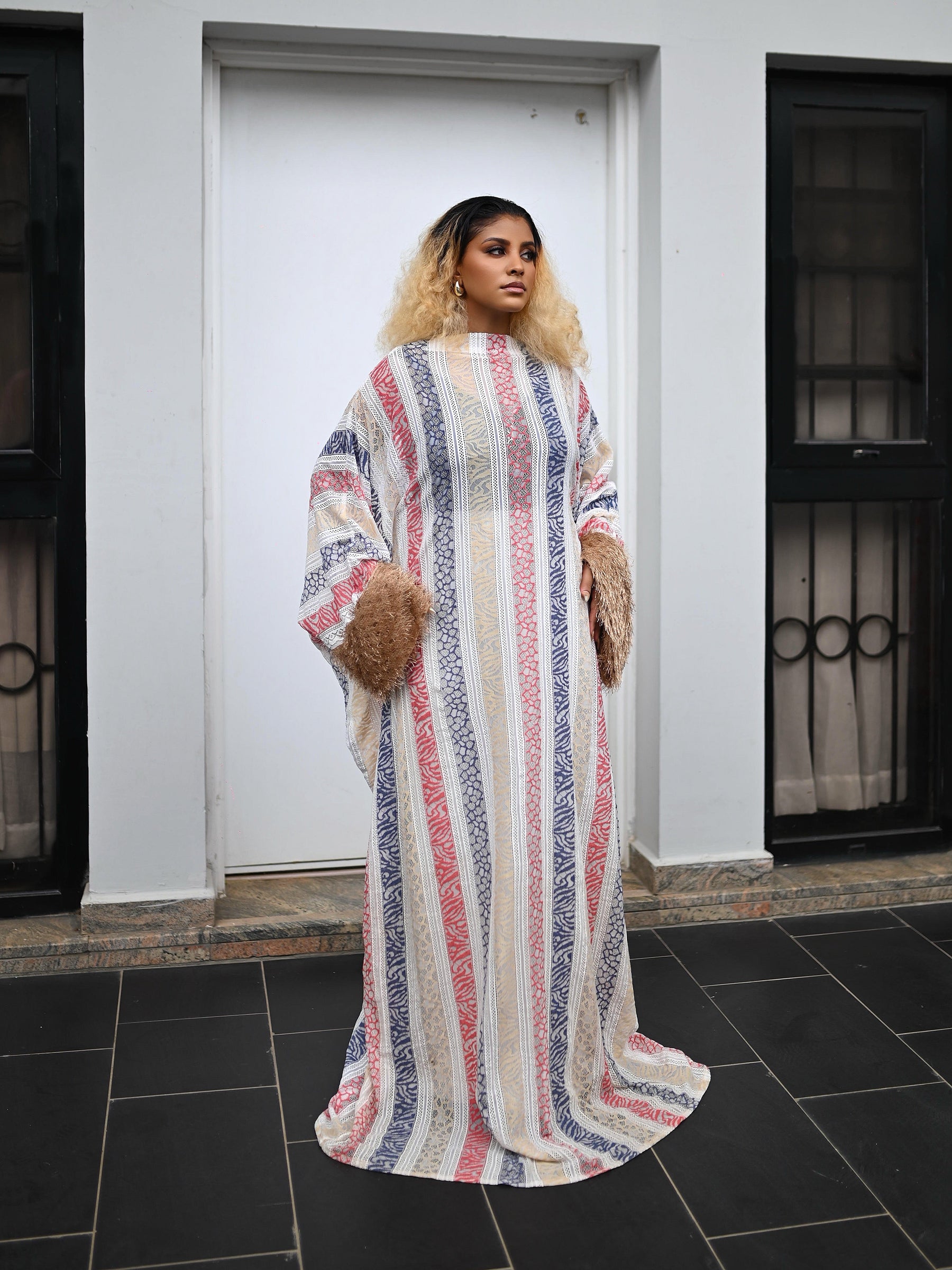 ORI STRIPED BOUBOU DRESS WITH FAUX FUR