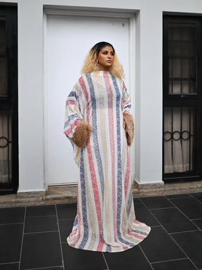 ORI STRIPED BOUBOU DRESS WITH FAUX FUR