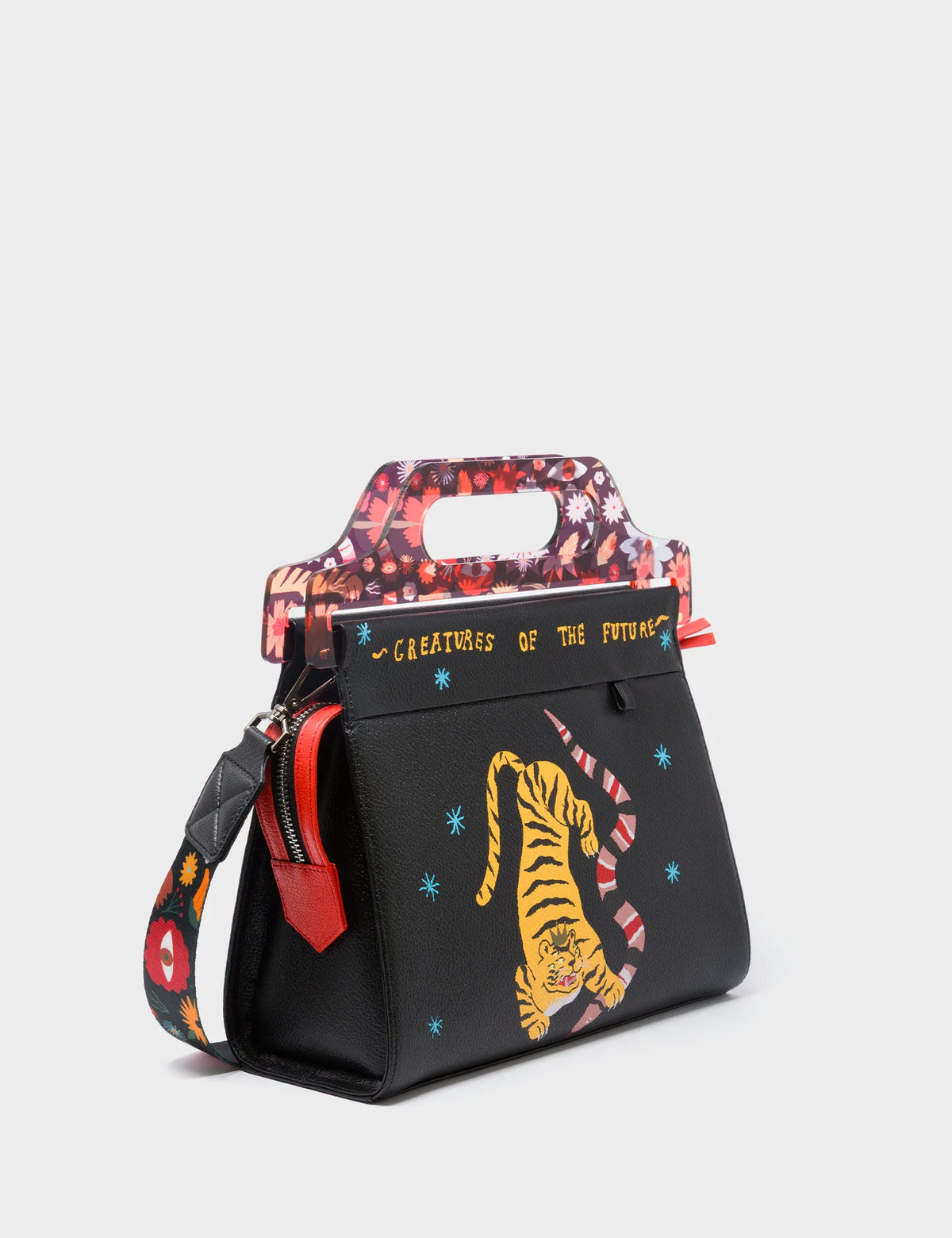 Vali Leather Crossbody Handbag Plastic Handle - Tiger And Snake Print