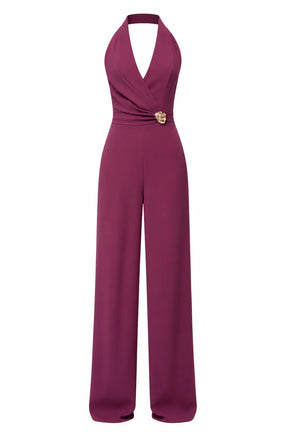 Wine Halter Jumpsuit – Gold Brooch