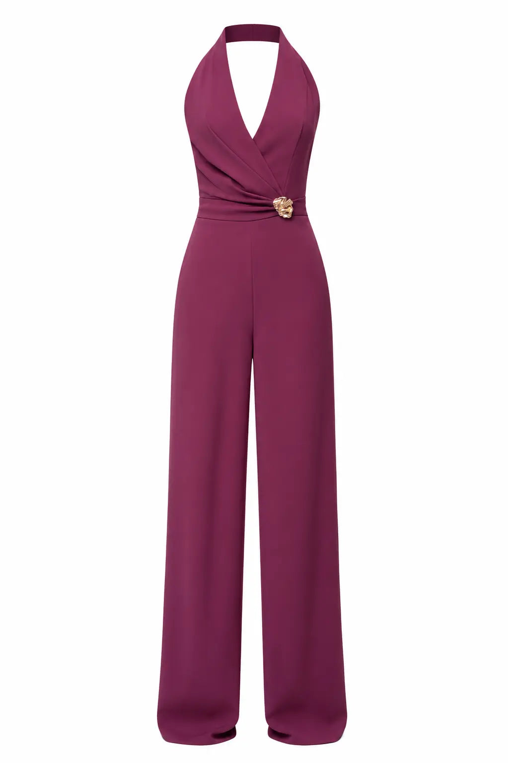 Wine Halter Jumpsuit – Gold Brooch