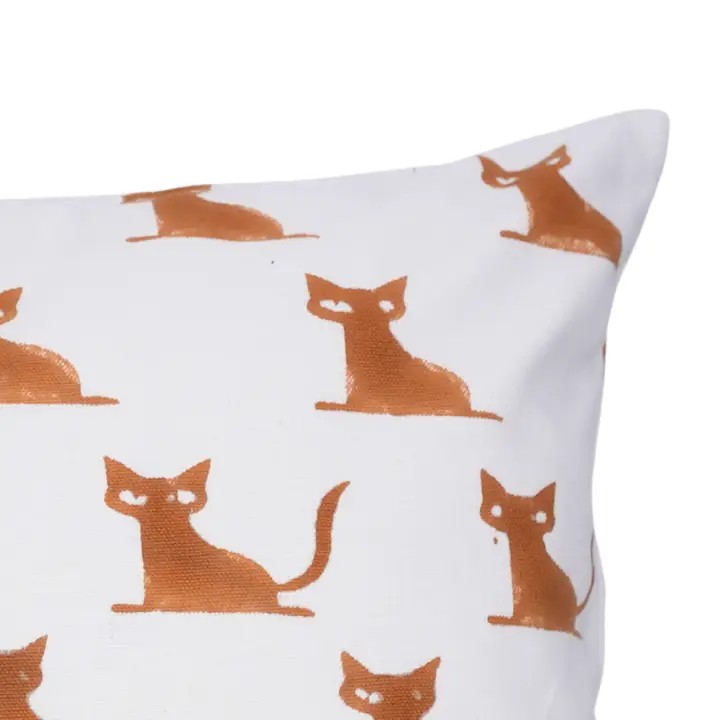 Unique Hand-Carved  Block Print Thick Cotton White Pillow Cover  - Cat