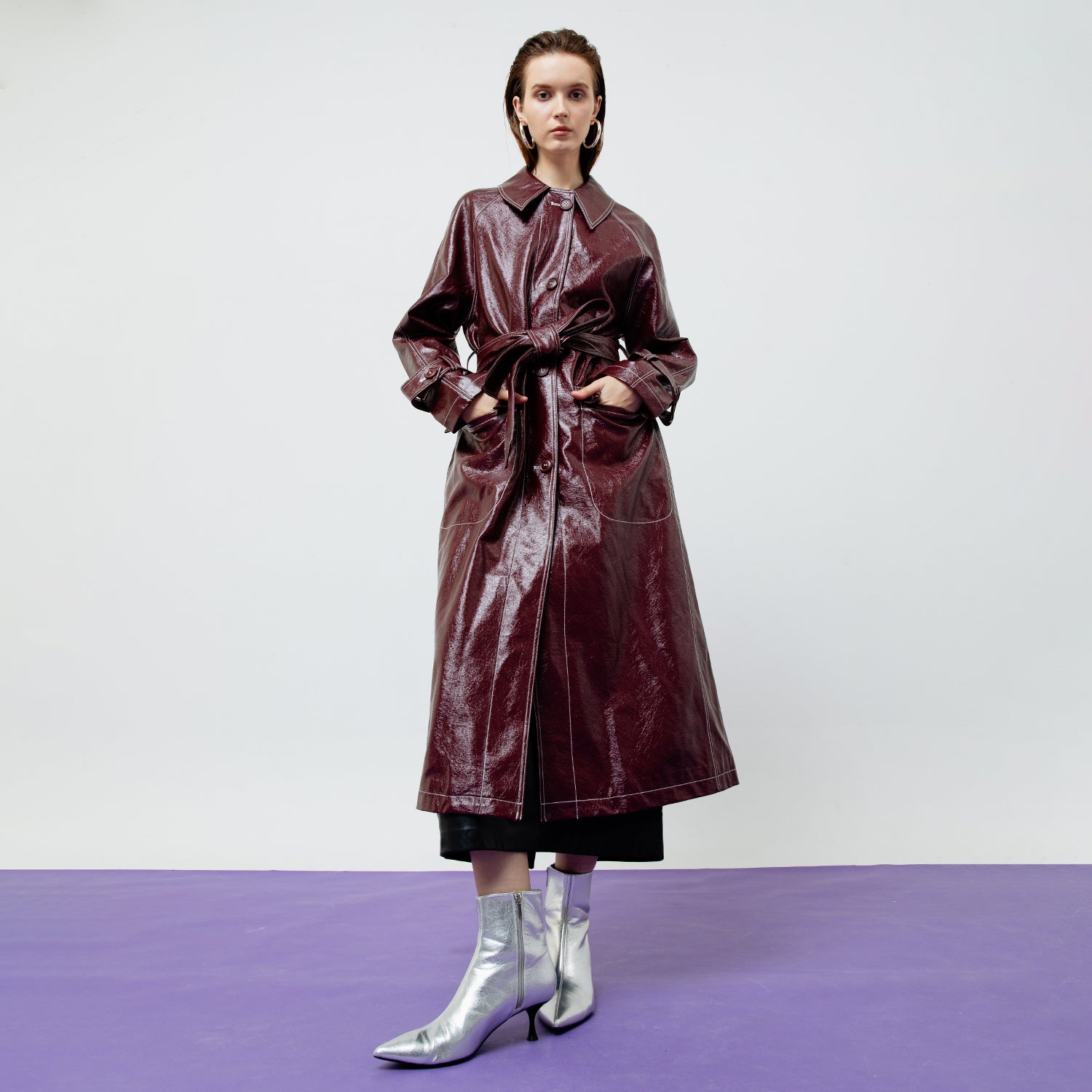 BRIA LEATHER MAROON TRENCH COAT