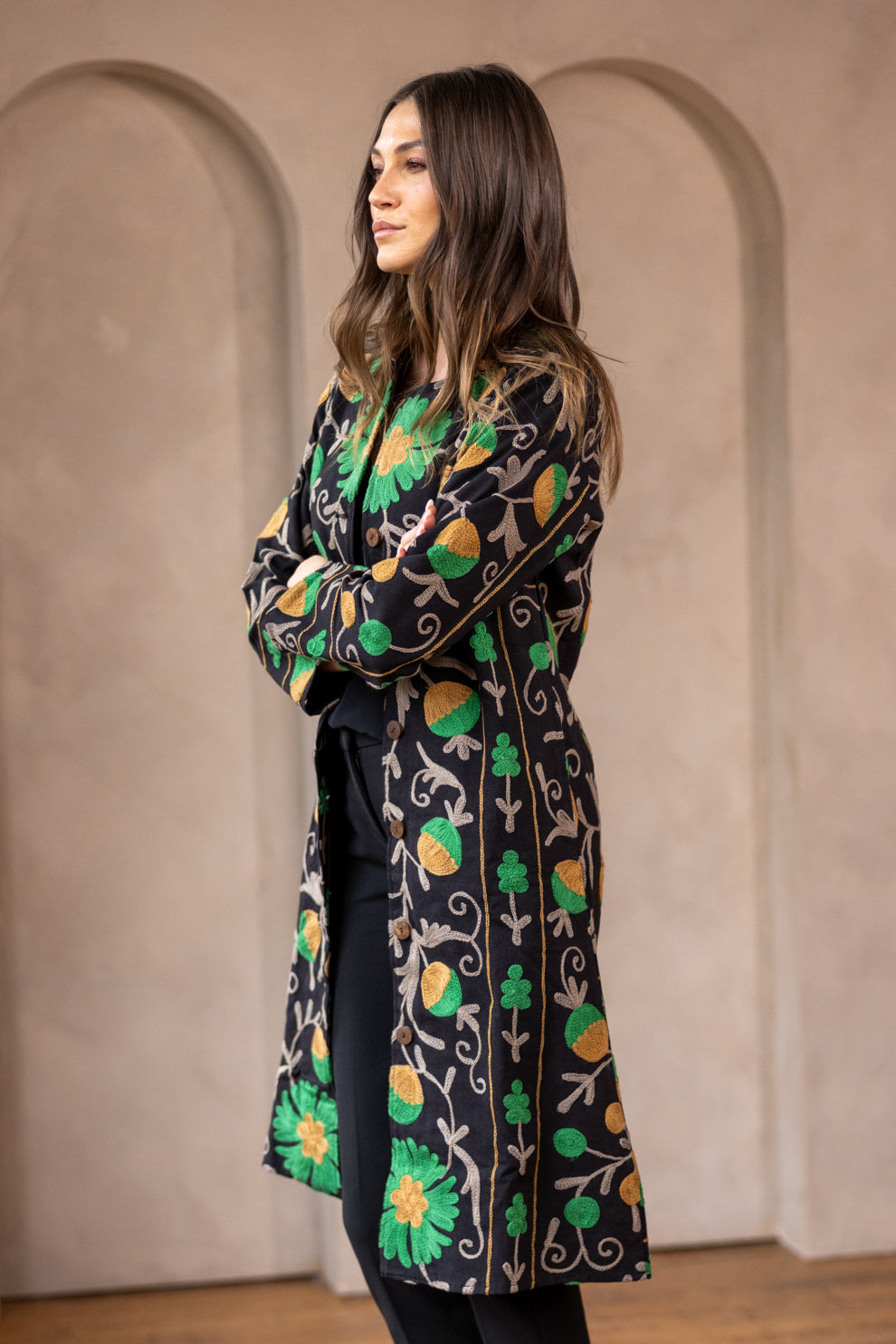 Malika Coats - Black with Green Embroidery