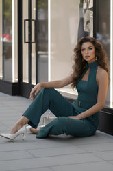 Teal High-collar Jumpsuit – Gold Buckle