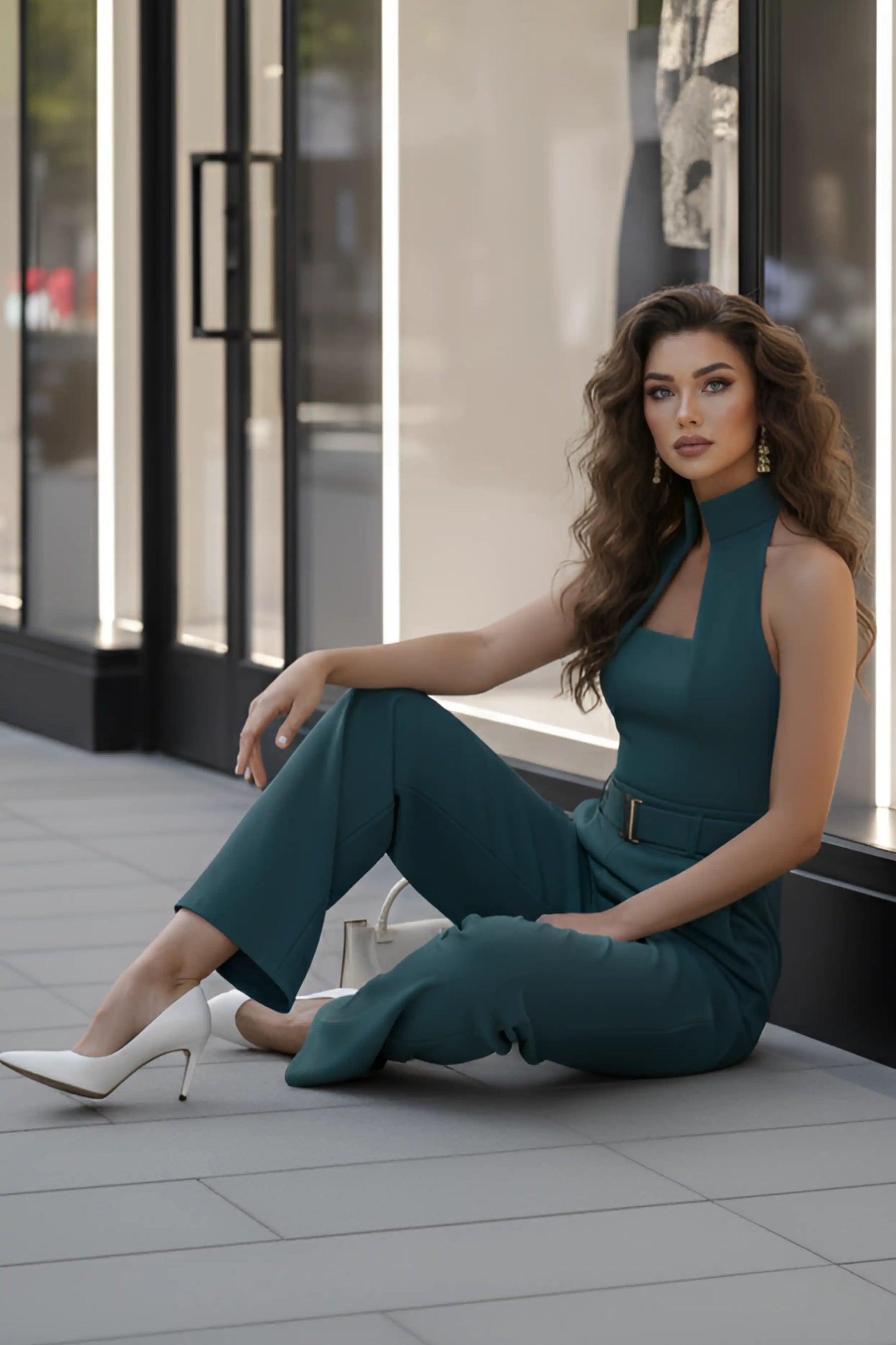 Teal High-collar Jumpsuit – Gold Buckle