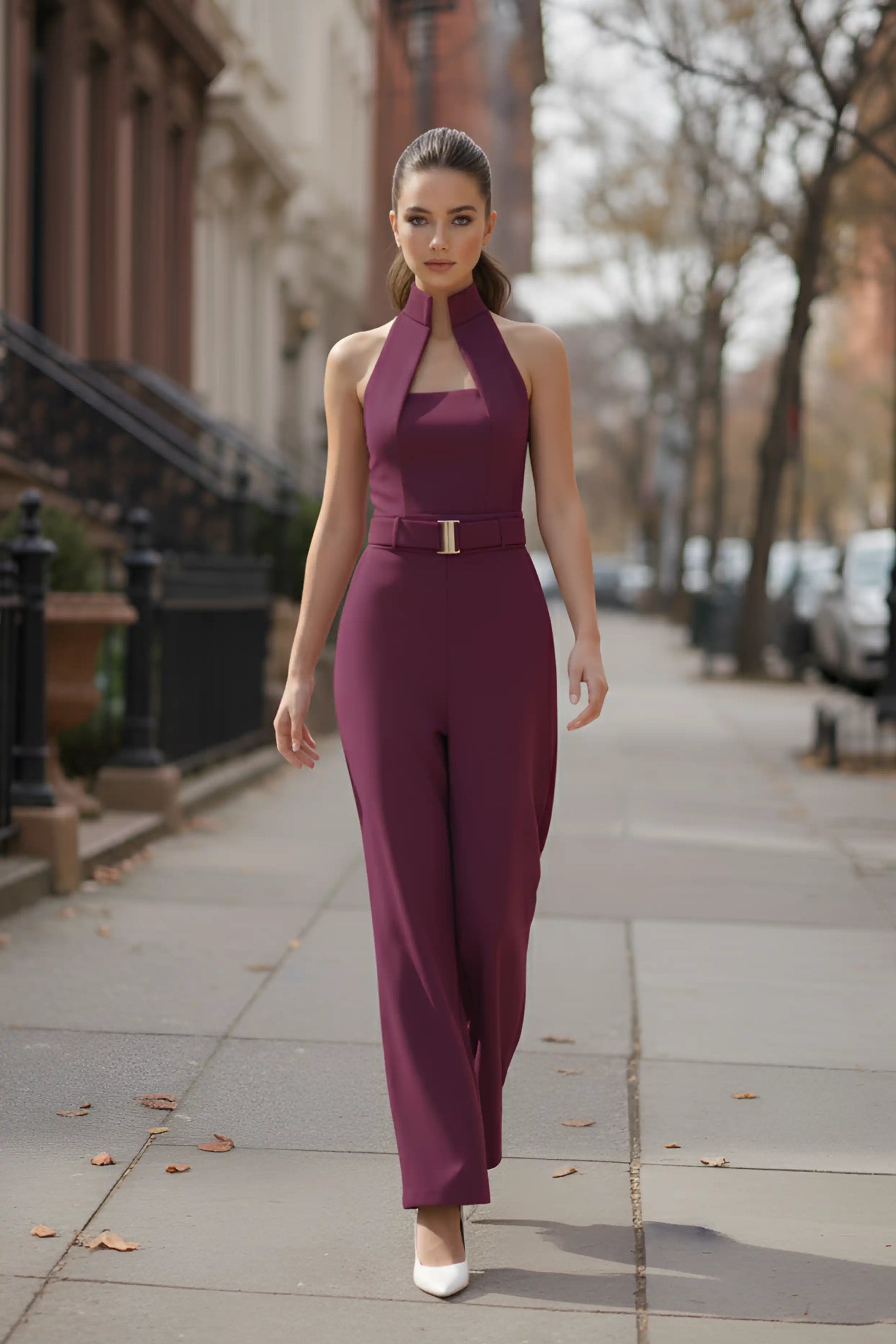 Wine High-collar Jumpsuit – Gold Buckle