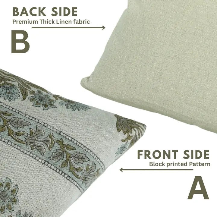 Ethnic Hand Block Printed Thick Linen Pillow Cover- Morpankh Border