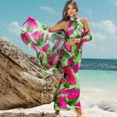 Green Magenta Blocks High Neck Bias Cut Dress