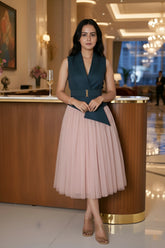 Salmon Pink Skirt & Teal Waist Coat – A Striking Duo
