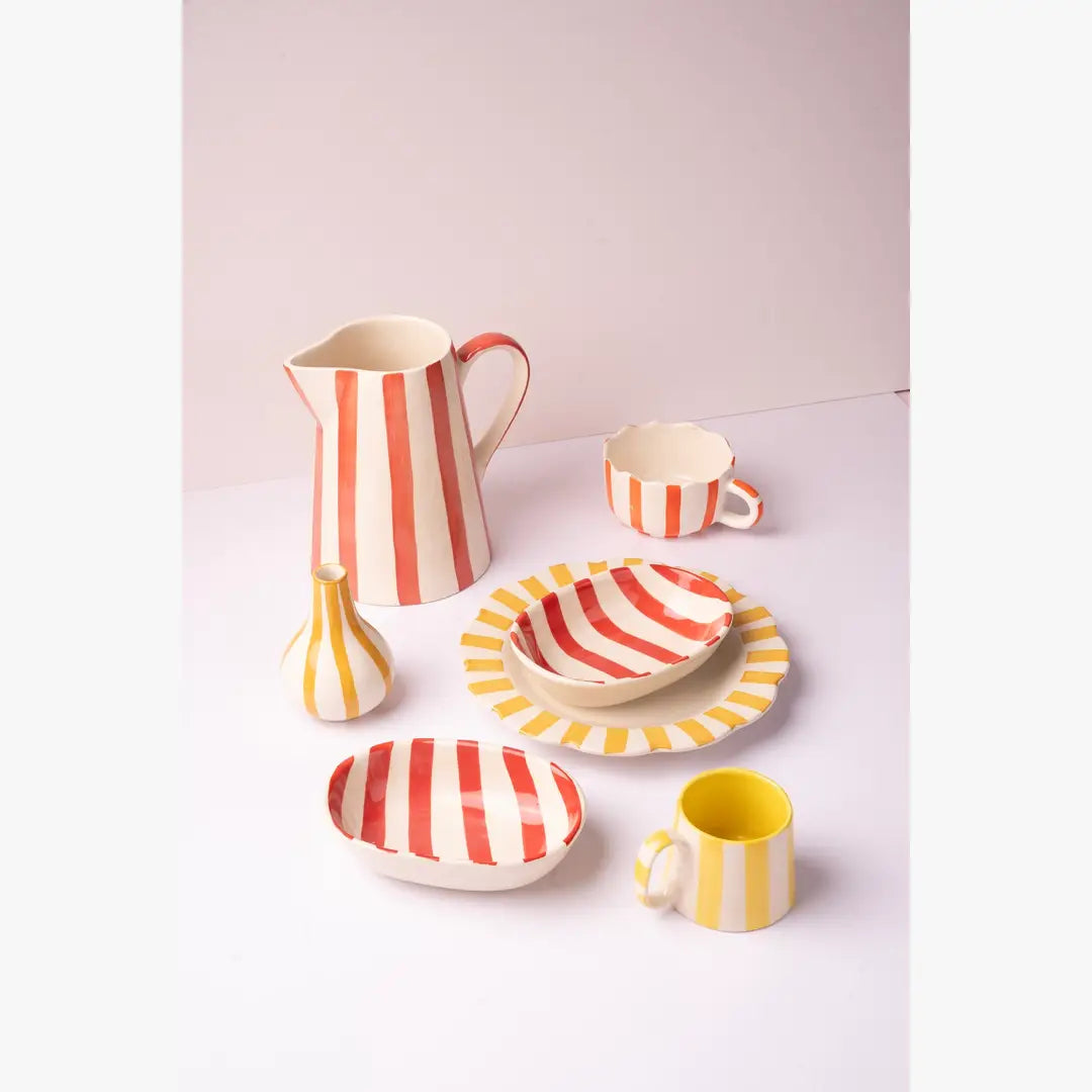 Ceramic Stripe Pitcher, Red- 8.25 x 8.25 x 8 Inches