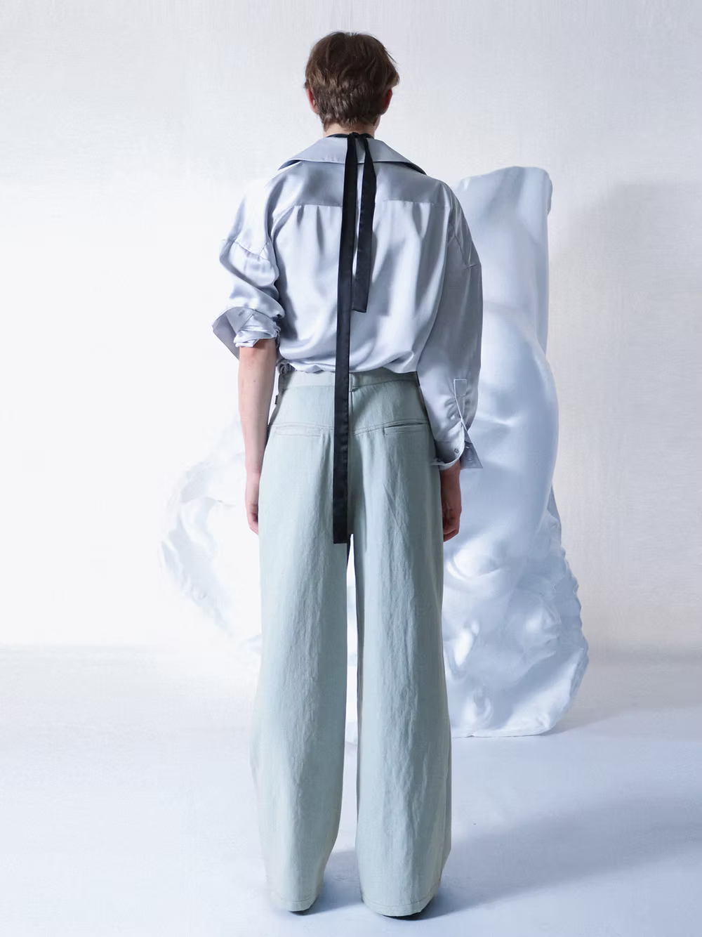Silvery Satin Wrap Drape Shirt