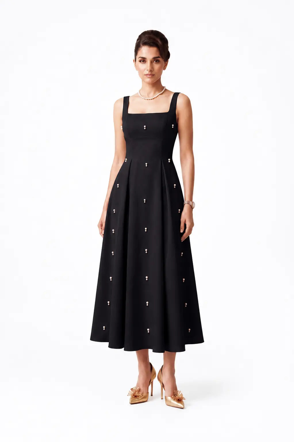 Pearl Blossom Embellished Dress – Black