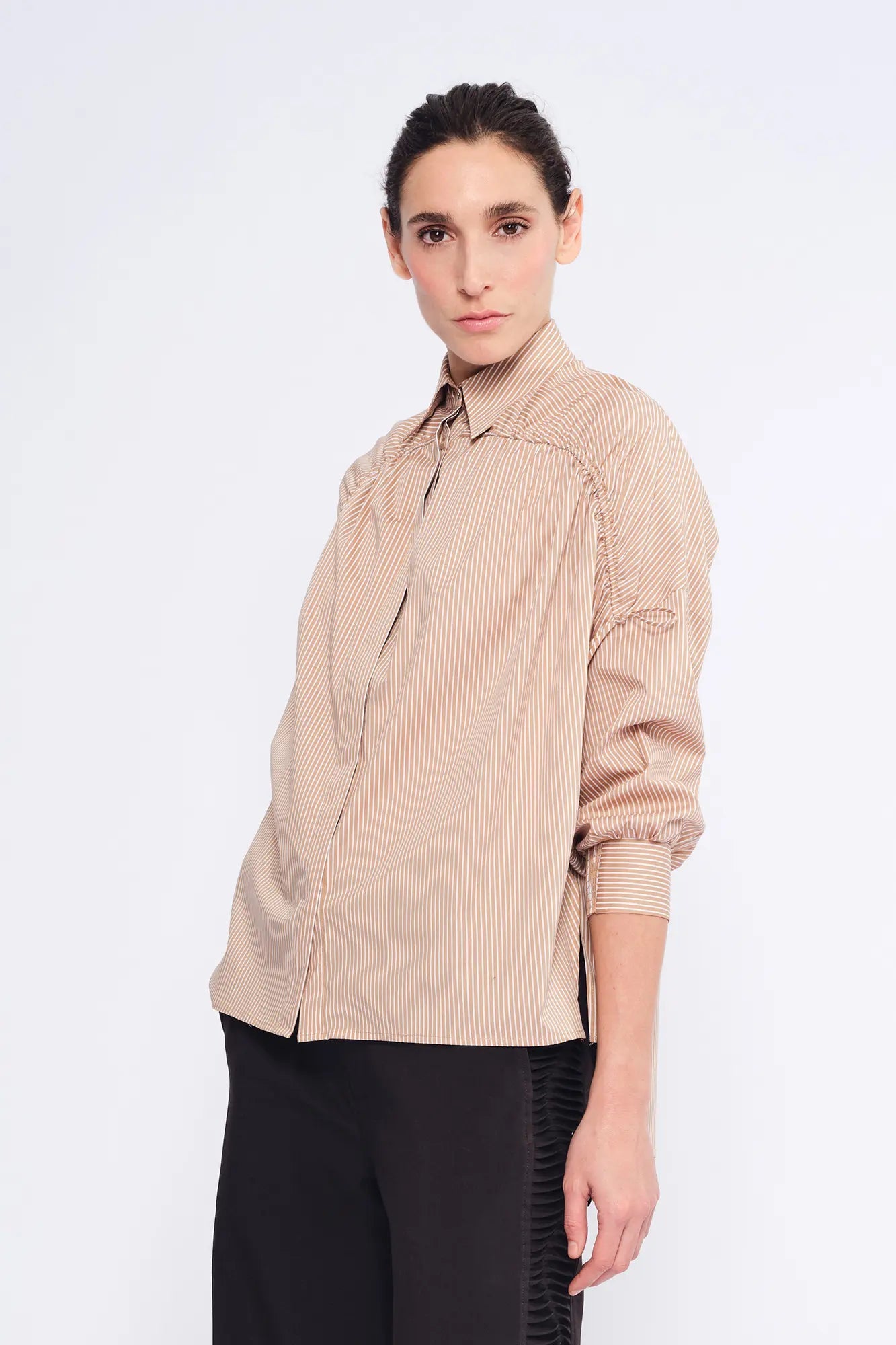 Star Gathered Shoulder Blouse | Striped Camel