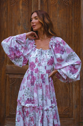 Floriana Long Sleeve Midi Dress - Rose Peony