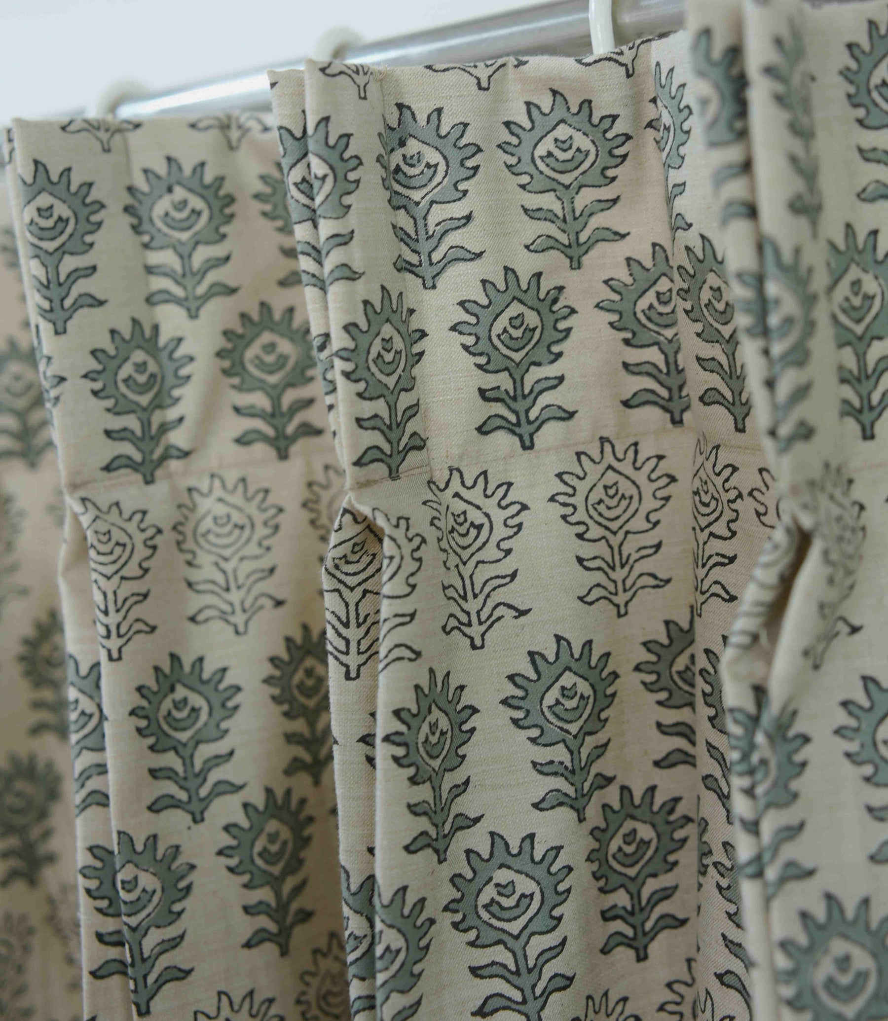 Artisan Gray Floral Block Print Linen Curtains Semi Sheer Pleated Drapes | Surajmuki
