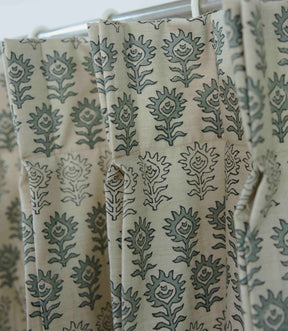 Artisan Gray Floral Block Print Linen Curtains Semi Sheer Pleated Drapes | Surajmuki