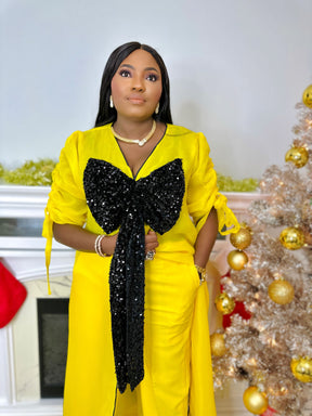 Yellow kimono with black bow sequin and white wide leg pant set