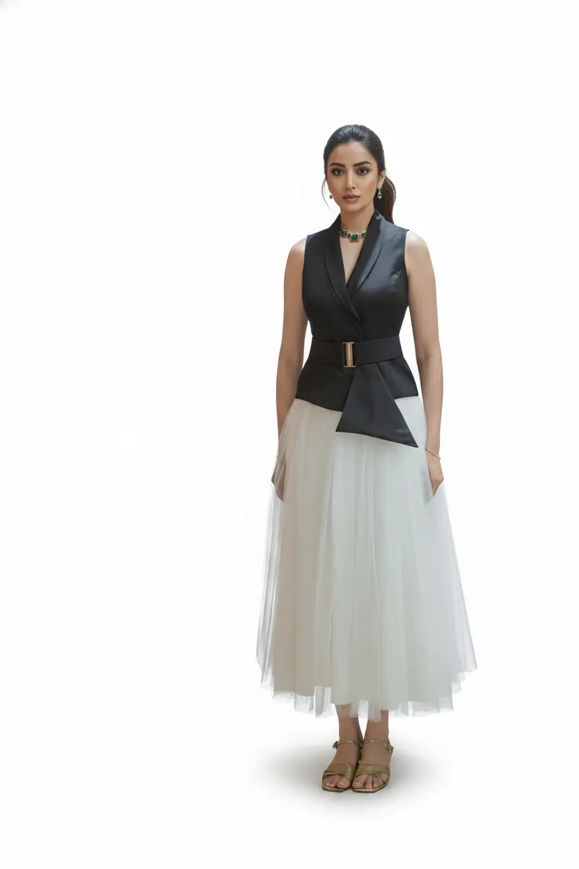 Ivory Skirt & Black Waist Coat - Timeless Pairing