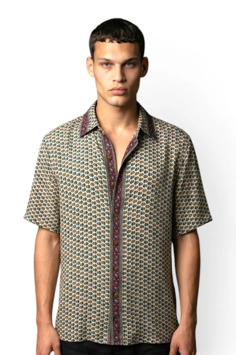 Embossed Botanical Short Sleeve Crepe Shirt