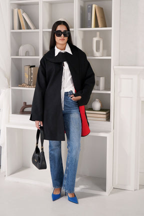 Sofia Draped Scarf Oversized Coat - Black