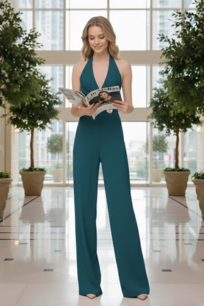 Teal Halter Jumpsuit – Gold Brooch