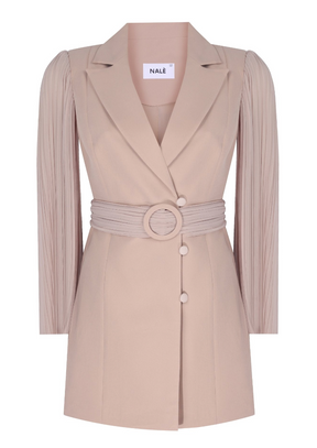 Pleated Sleeves Blazer Dress & Palazzo Wide Leg Trouser Suit