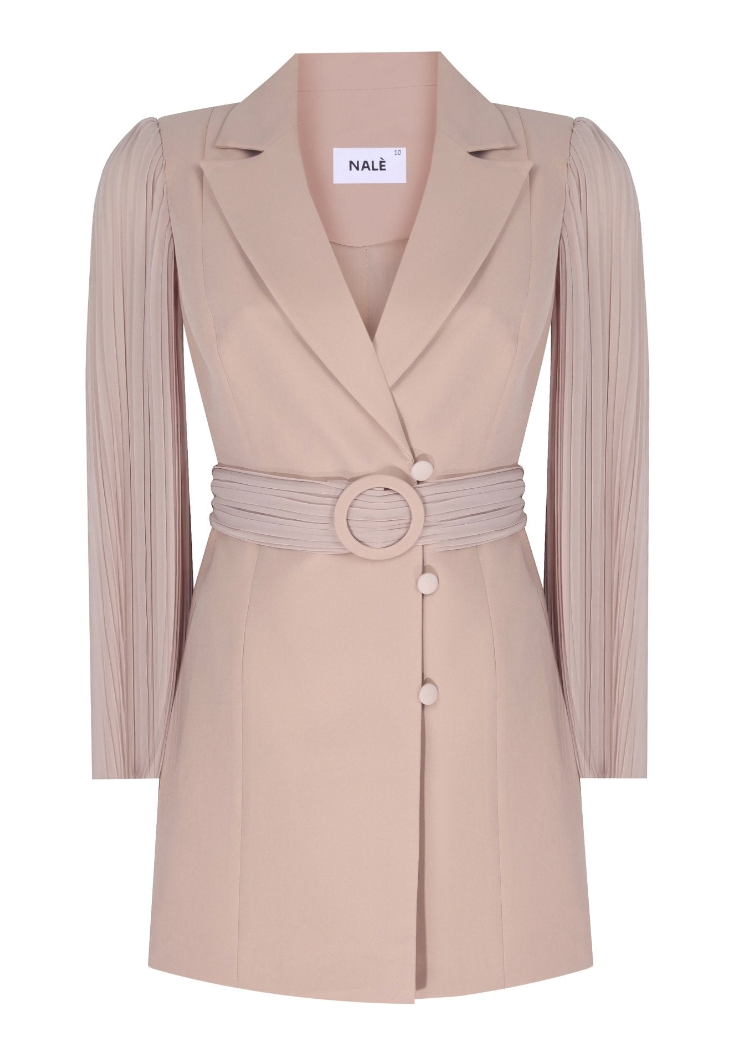 Pleated Sleeves Blazer Dress & Palazzo Wide Leg Trouser Suit