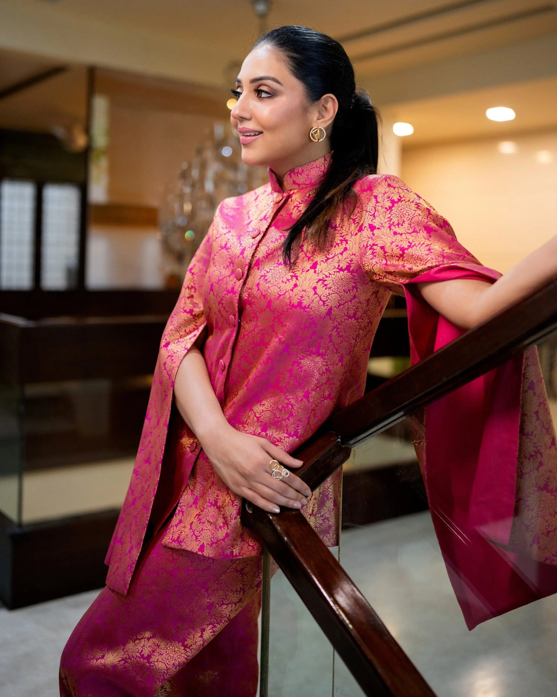 Jodha Banarasi Jacket: Women's Fuchsia Gold Floral Indowestern Wear