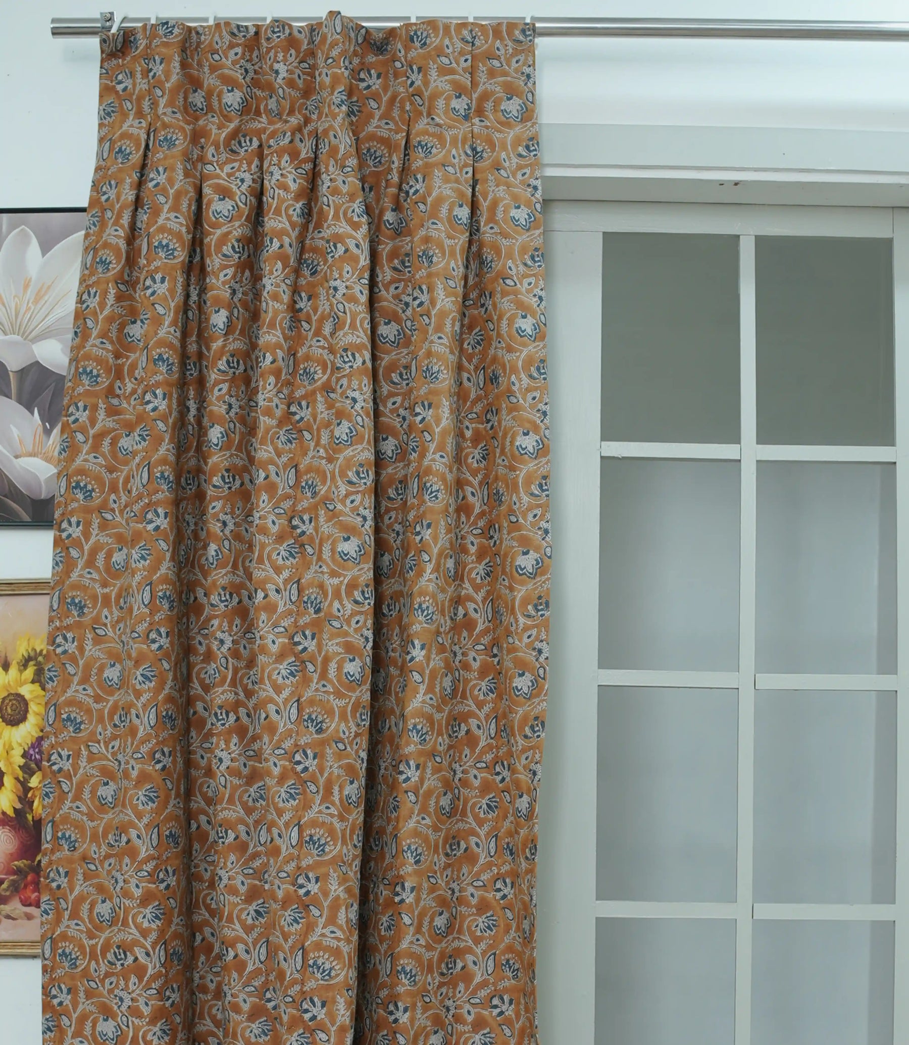 Handcrafted Boho Block Print Two Pleated Pure Linen Curtain - Saraswati