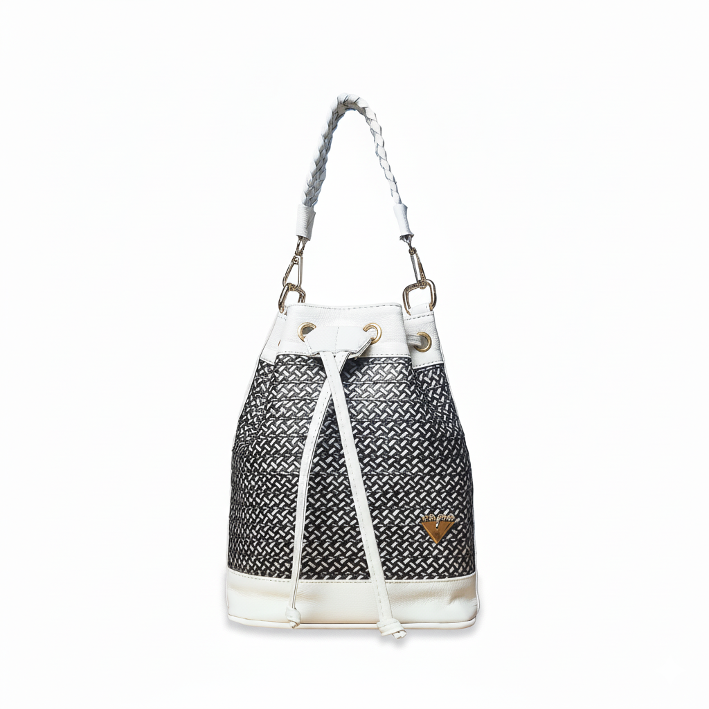 Beige Leather Bucket Terra Bag – Handmade Crossbody & Handbag, Ethical Palm Weave Bucket bag for Women