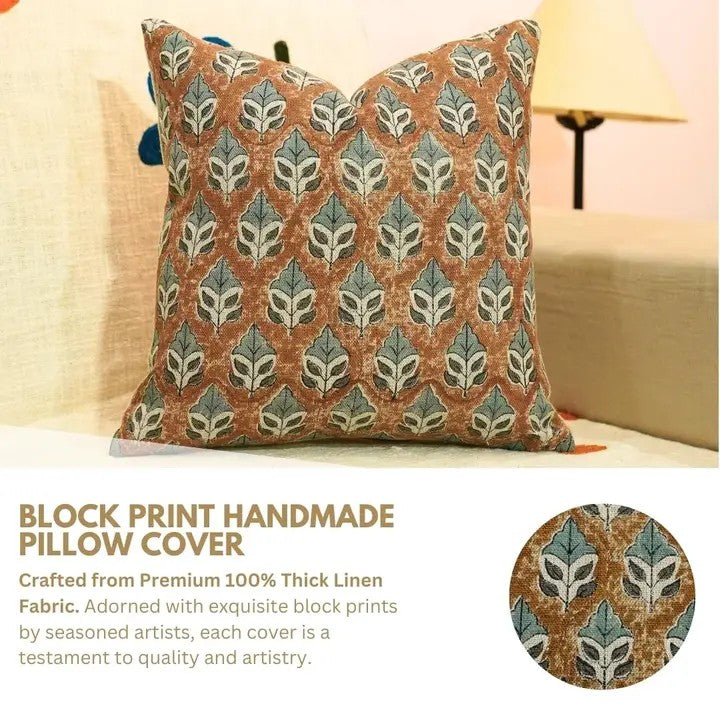 Indian Block Print Thick Linen Pillow Cover - Mayur