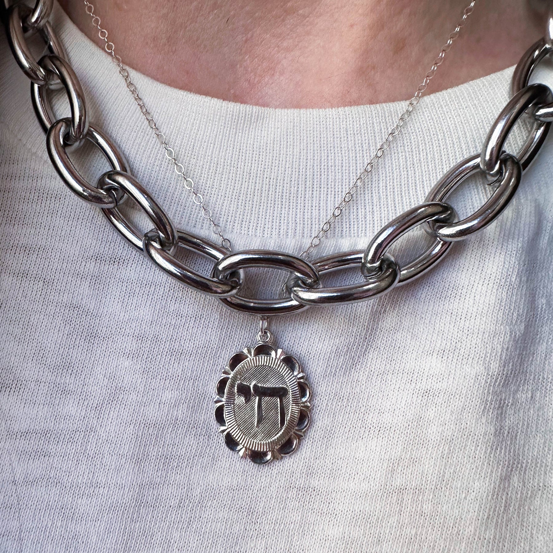 Chai Charm Necklace Sterling Silver Flower Frame