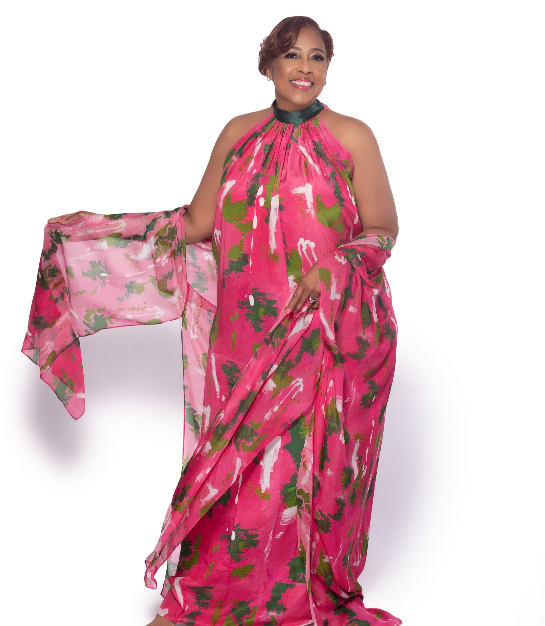 Pink Green Wall Splash Gathered Maxi Dress