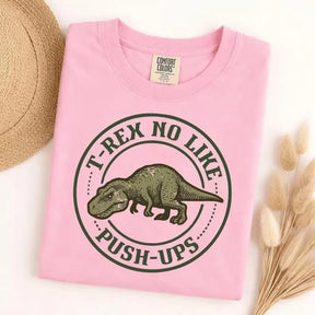 T-Rex No Like Push-Ups Fitness Graphic T-Shirt | Funny Gym Dinosaur Light Pink Cotton Tee