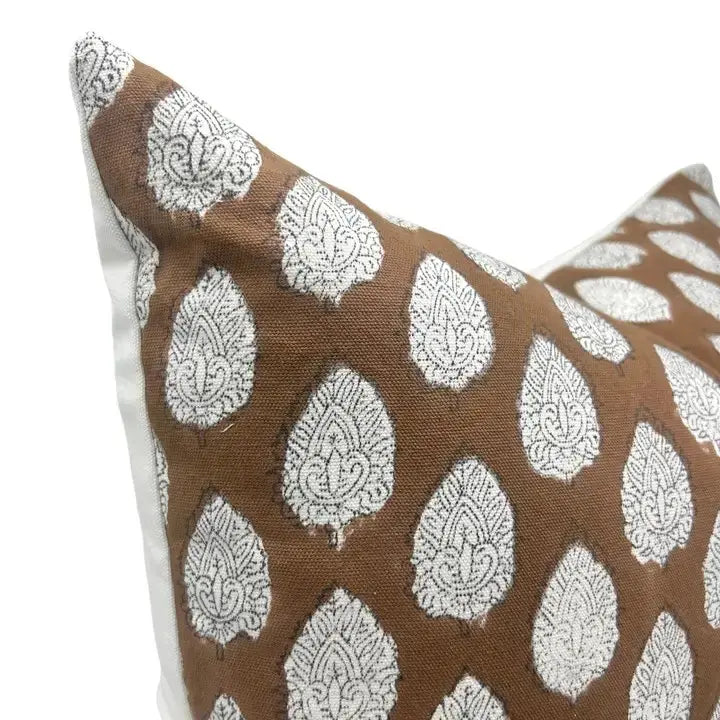 Bohemian Handcarfted  Block PrintThick Cotton White Cushion Cover-Betal Leaf
