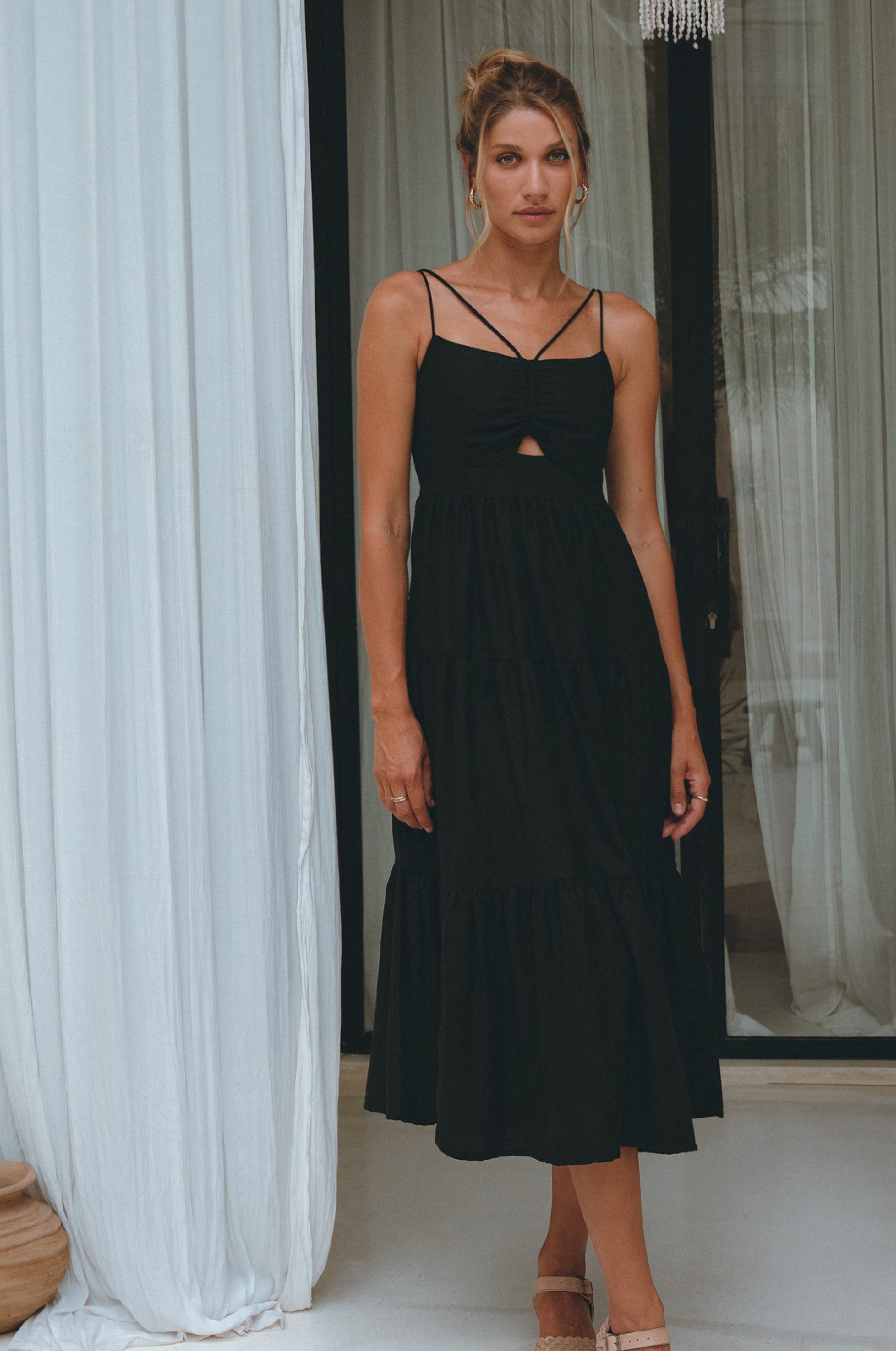 Rafaela Strappy Linen Midi Dress - Black