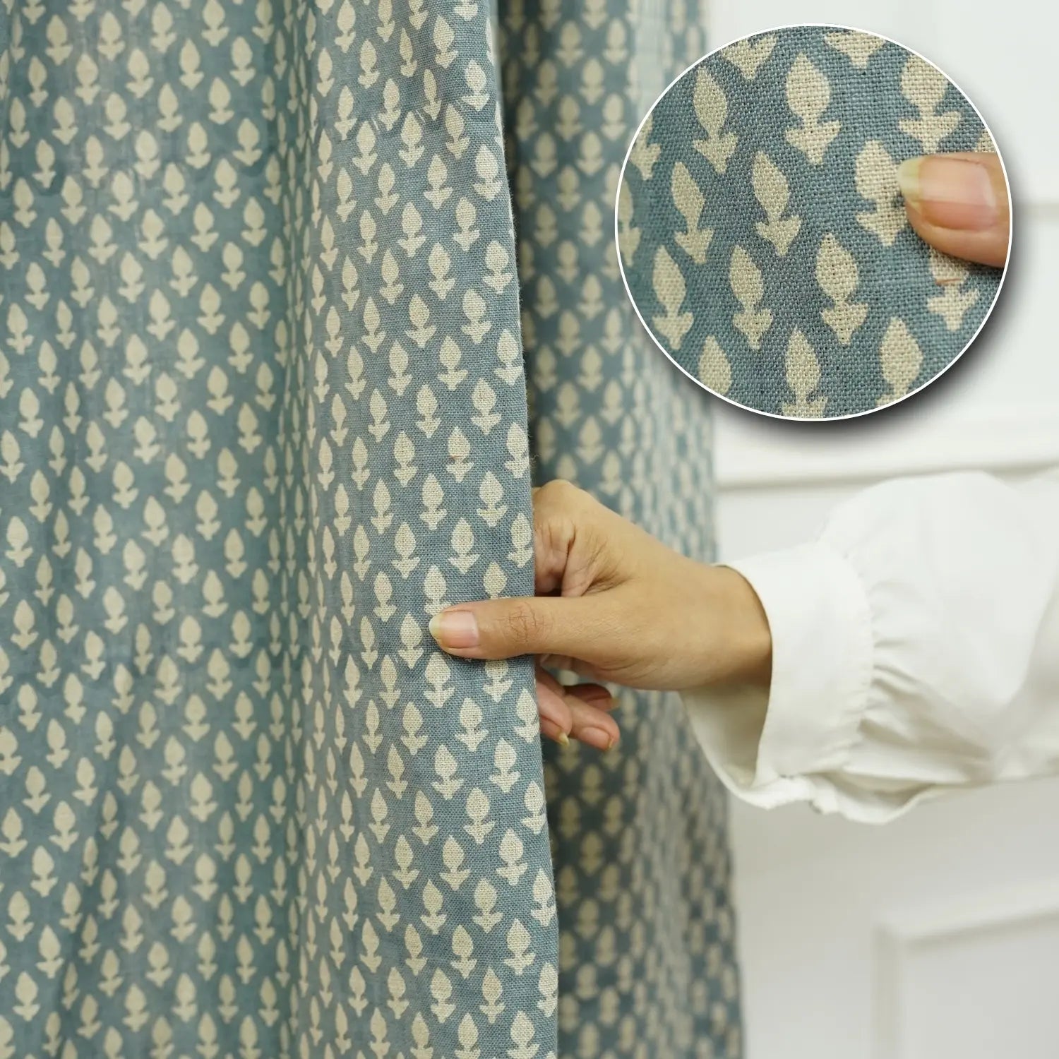 Elegant Block Printed Pure Linen Pleated Curtain- Hariyali