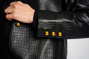 Black Lamb Leather Jacket with Gold Buttons &amp; Snake Print – Timeless Elegance &amp; Sophistication