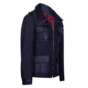 Wool jacket with a double collar and leather detailing.
