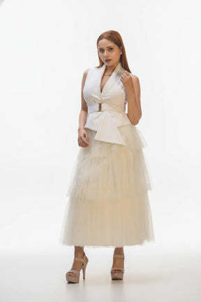 Butter Yellow Layer Skirt & Ivory Waist Coat - Soft Contrast