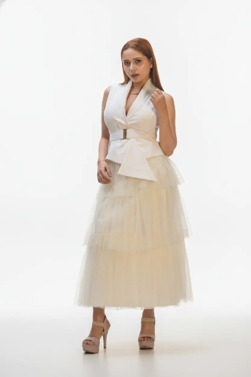 Butter Yellow Layer Skirt & Ivory Waist Coat - Soft Contrast