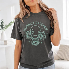 Moonlit Raccoon Three Wolf Moon Parody Graphic T-Shirt | Pepper Charcoal Vintage Animal Cotton Tee